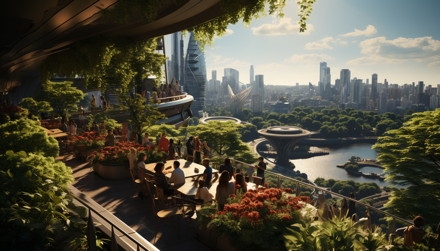 Rooftop garden in a modern city, with a mix of greenery and technology, skyscrapers in the background, and a small group enjoying a picnic.