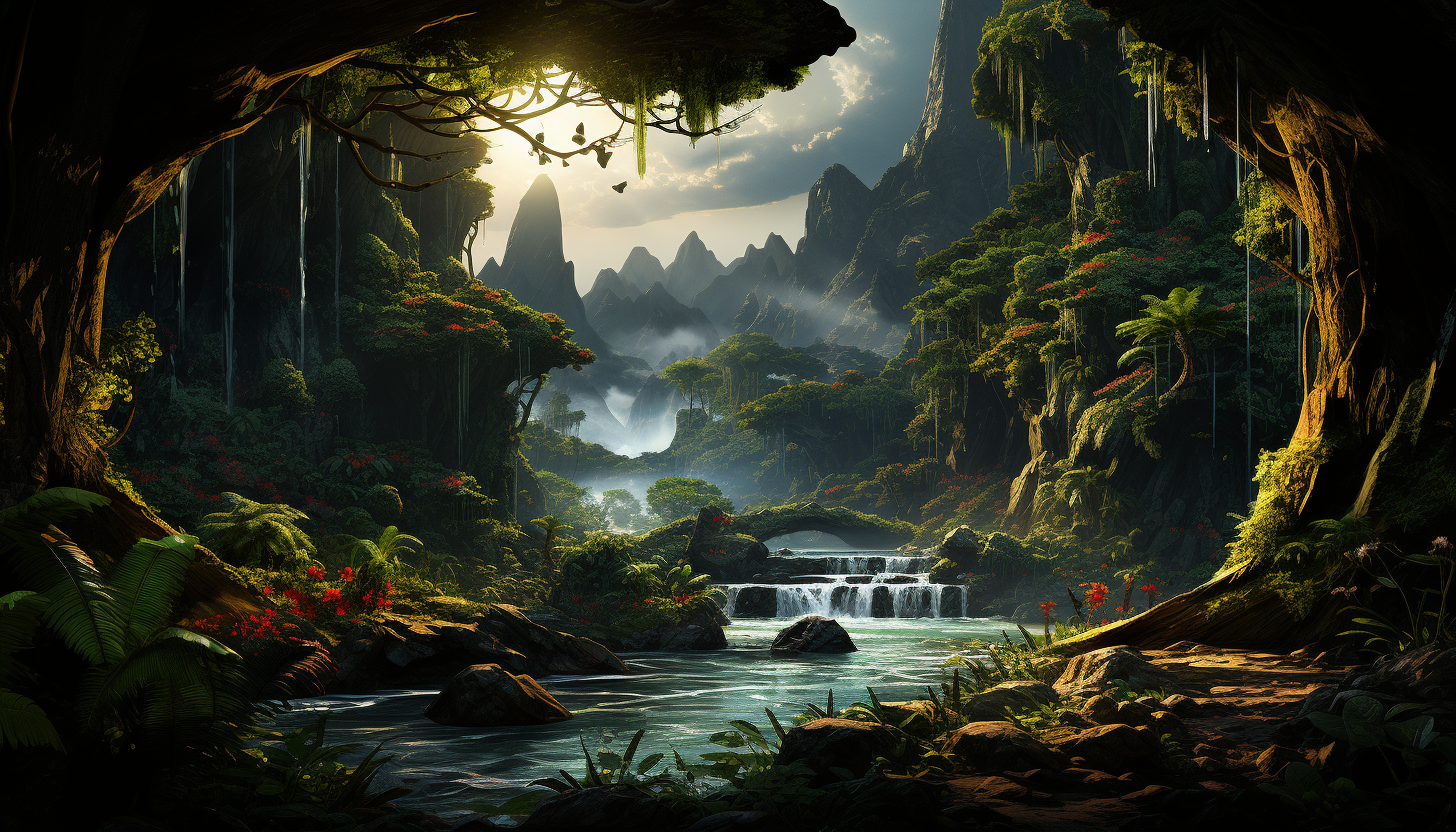 Lush rainforest canopy view, with exotic birds, hanging vines, a distant waterfall, and the sun breaking through the foliage.