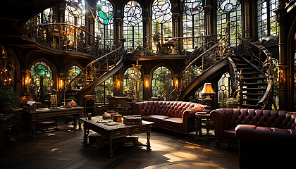 Large, ancient library with towering bookshelves, spiral staircases, antique globes, and a large stained glass window casting colorful light.