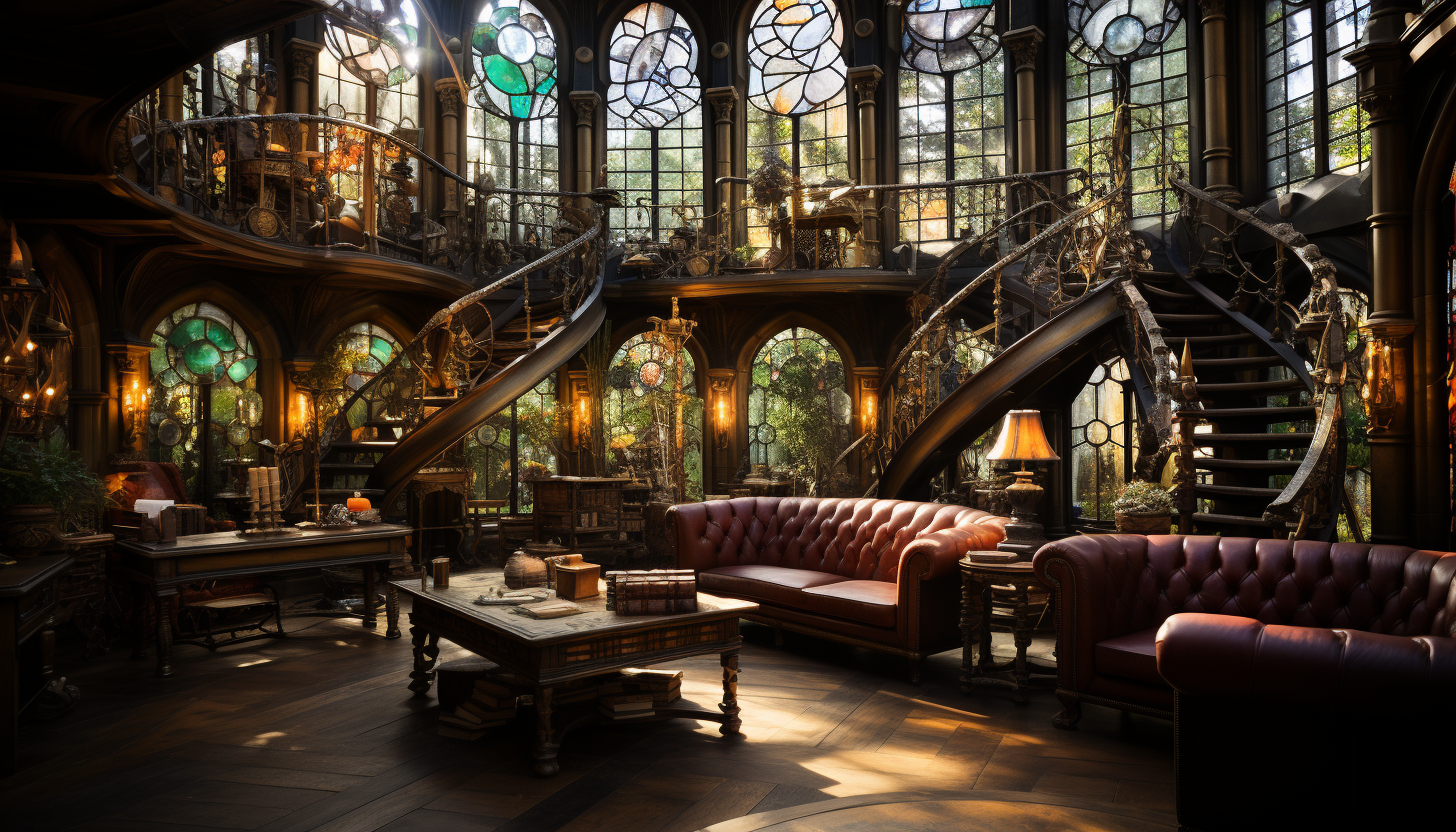 Large, ancient library with towering bookshelves, spiral staircases, antique globes, and a large stained glass window casting colorful light.