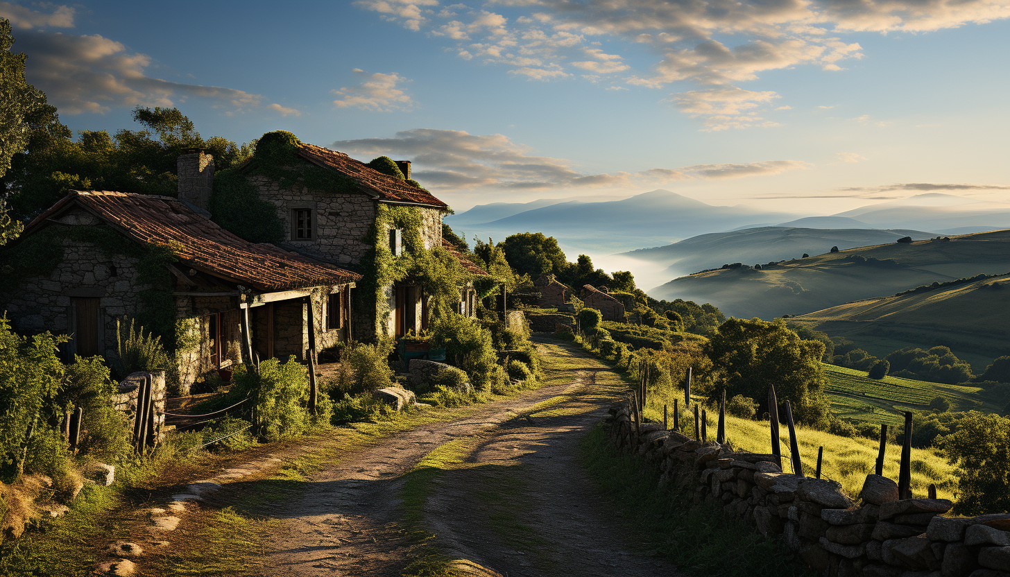 Rustic vineyard at golden hour, rolling hills of grapevines, a quaint stone farmhouse, and workers harvesting grapes.