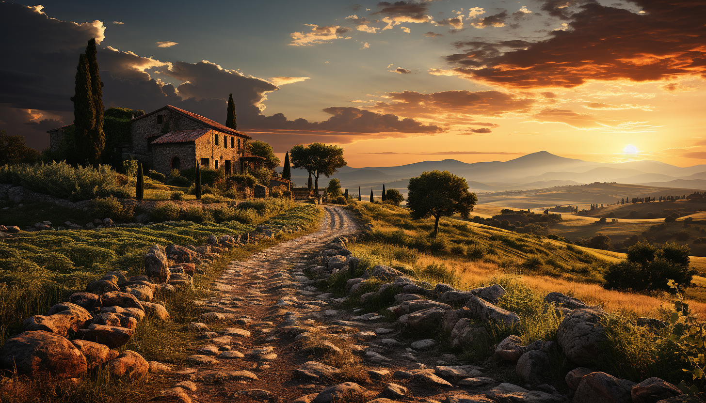 Lush vineyard landscape in Tuscany, rolling hills, rows of grapevines, a rustic stone farmhouse, and a setting sun in the background.