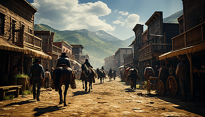 Old Western town at high noon, with a dusty main street, saloon, horse-drawn carriages, and cowboys having a standoff.