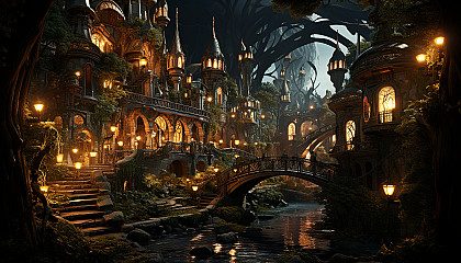 Fantasy elven city in a forest, with treehouse dwellings, elegant bridges, magical lights, and mythical creatures roaming.