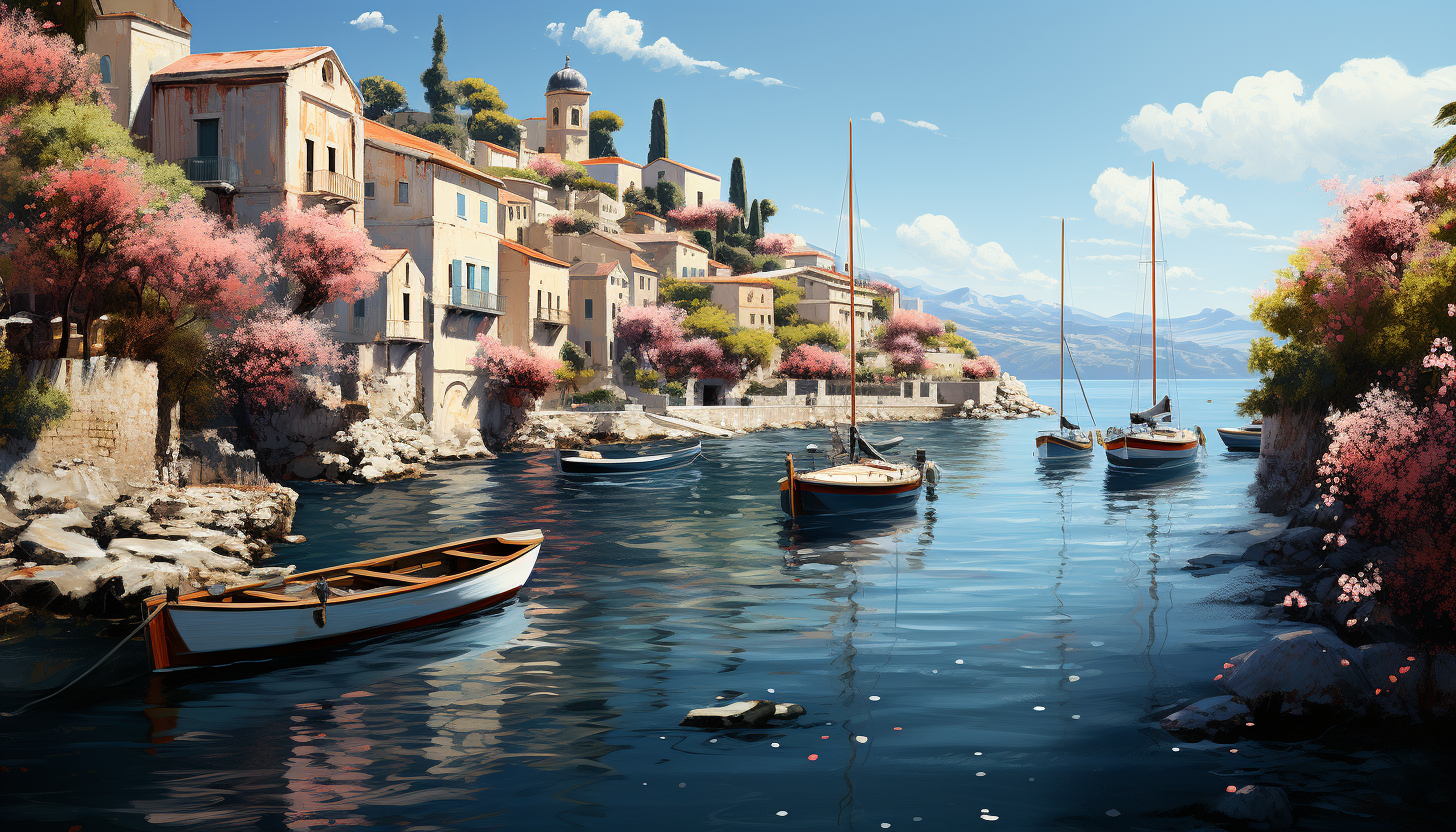 Mediterranean coastal village, white and blue houses, winding streets, blooming bougainvillea, and fishing boats in the harbor.