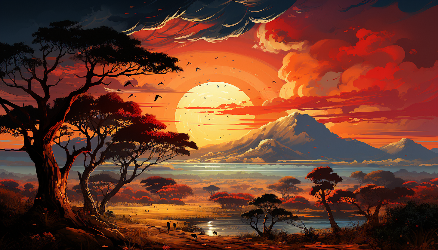 Sunset over an African savanna, with silhouettes of elephants and acacia trees, a vibrant sky, and distant mountains.