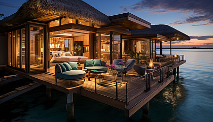 Luxurious overwater bungalow resort in the Maldives, with crystal-clear waters, vibrant marine life, and a serene sunset backdrop.