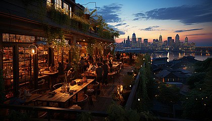 Bustling urban rooftop garden at dusk, with string lights, a variety of plants, city skyline view, and people enjoying a meal.