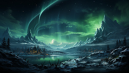 Frozen tundra under the northern lights, with a pack of wolves, a clear starry sky, and a small, warm cabin in the distance.