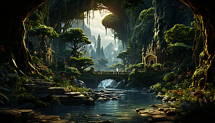 Lush rainforest canopy, with exotic birds, a cascading waterfall, dense foliage, and a hidden temple peeking through the trees.