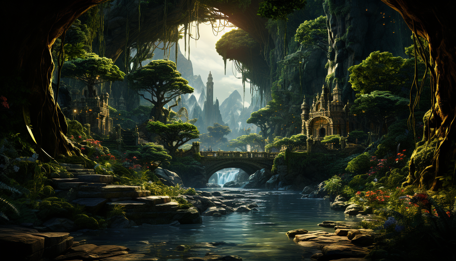 Lush rainforest canopy, with exotic birds, a cascading waterfall, dense foliage, and a hidden temple peeking through the trees.