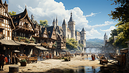 Medieval village during a festival, with market stalls, jugglers, knights in armor, a castle in the distance, and villagers in period attire.