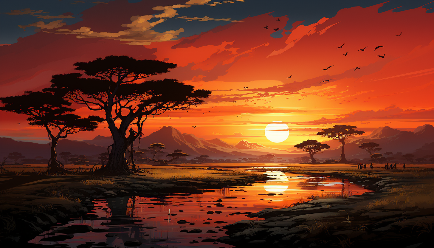 Sunset over an African savanna, with silhouettes of elephants and acacia trees, a warm orange sky, and distant mountains.