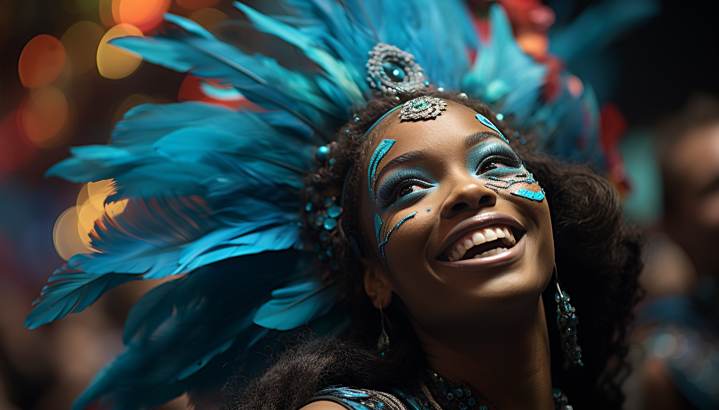 Vibrant carnival in Rio de Janeiro, with elaborate costumes, samba dancers, lively music, and colorful floats.
