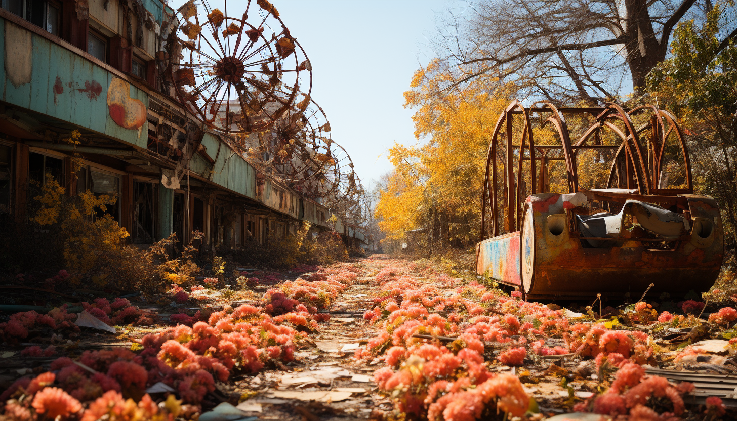 Abandoned amusement park reclaimed by nature, overgrown roller coasters, a rusting Ferris wheel, and wildflowers everywhere.