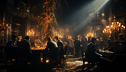 Classic 1920s jazz club interior, dimly lit, with a band on stage, elegantly dressed patrons, and a vintage bar.