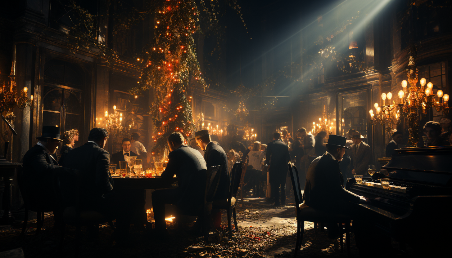 Classic 1920s jazz club interior, dimly lit, with a band on stage, elegantly dressed patrons, and a vintage bar.