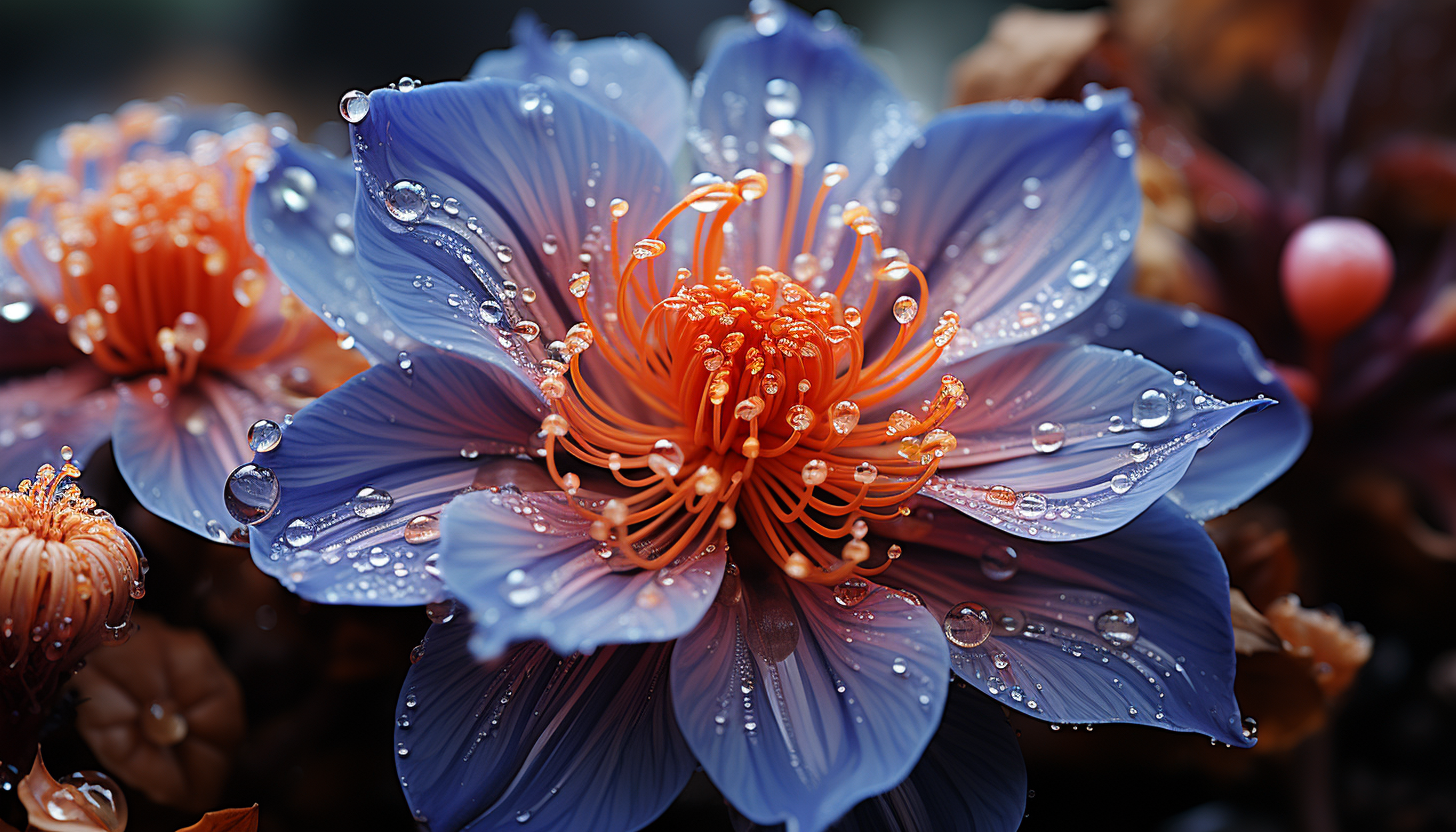 Macro view of a blooming flower revealing intricate details of its structure.