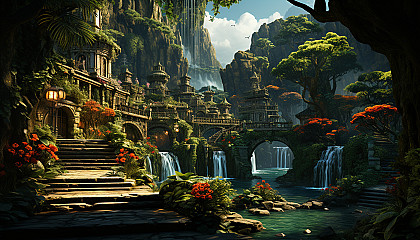 Lush rainforest canopy view, with vibrant tropical birds, hanging vines, a cascading waterfall, and a hidden temple ruin.