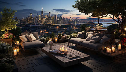 Rooftop garden in a modern city at dusk, with twinkling fairy lights, a variety of plants, comfortable seating, and a skyline view.