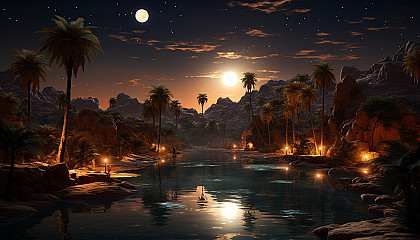 Desert oasis at night, with a tranquil pool, palm trees, star-filled sky, and a caravan of camels resting nearby.