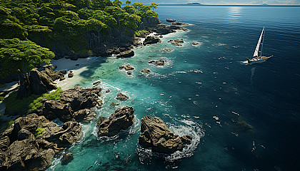 Lush tropical island from above, showing clear blue waters, white sandy beaches, a coral reef, and a lone sailboat.