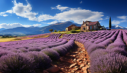 Lavender fields in Provence, with rows of purple flowers, a quaint farmhouse, and distant mountains under a clear blue sky.