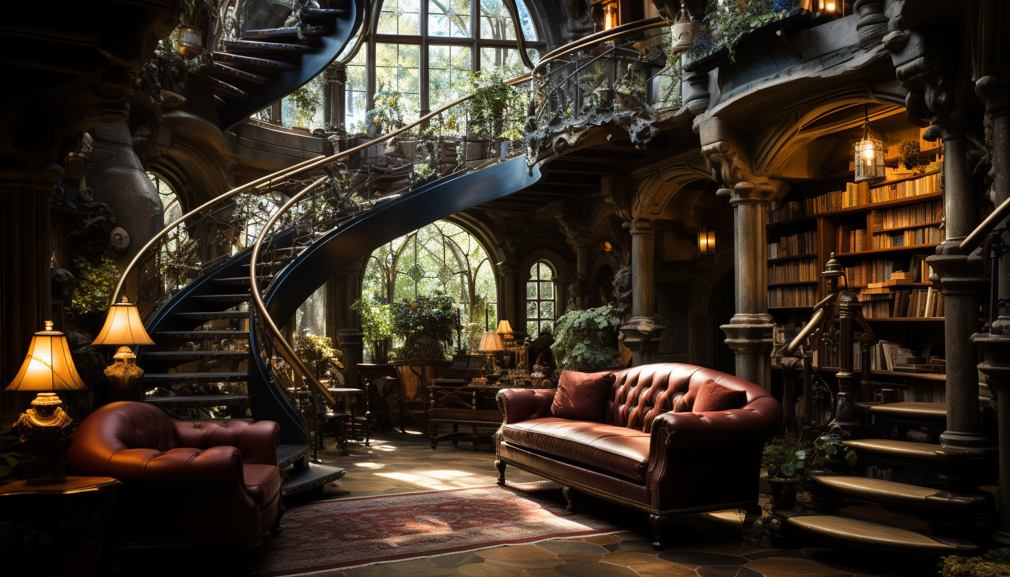 Grand library in a medieval castle, walls lined with ancient books, spiral staircases, and a large stained glass window.