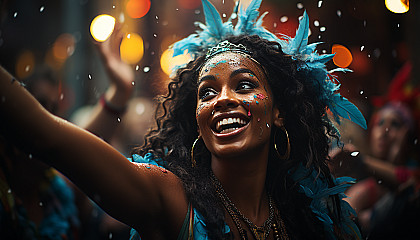 A vibrant carnival in Rio de Janeiro, with samba dancers, elaborate floats, lively music, and a crowd of revelers.