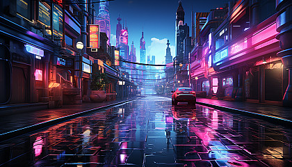 A futuristic cyberpunk alleyway, neon signs in multiple languages, holograms, and diverse inhabitants in trendy tech wear.