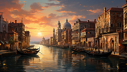 Traditional Venetian canal scene, gondolas gliding through the water, historic buildings lining the banks, and a sunset casting golden hues.