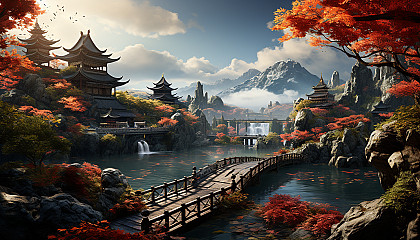 Traditional Chinese garden with a pagoda, stone paths, a lotus pond, and a red bridge, all surrounded by misty mountains.
