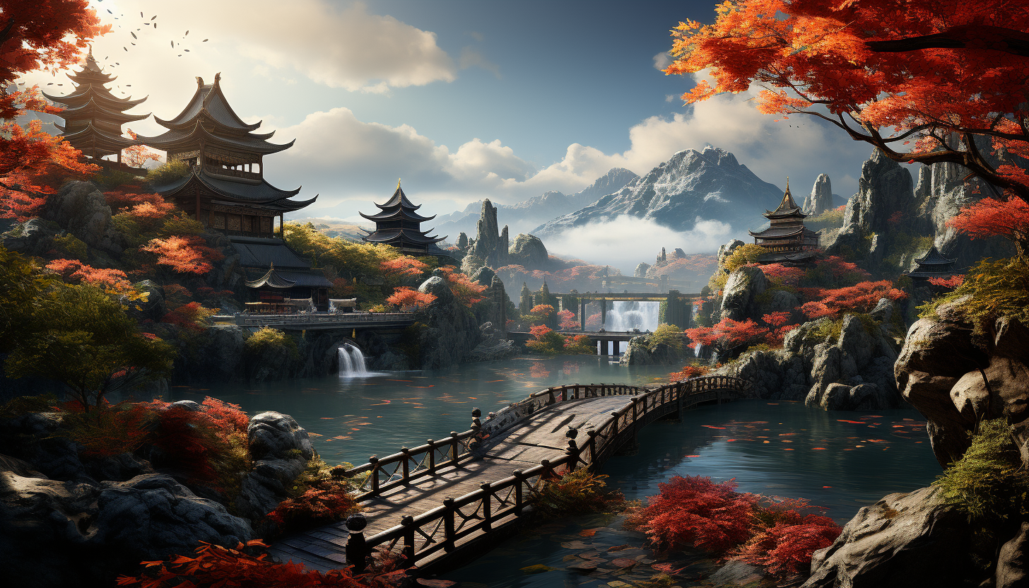 Traditional Chinese garden with a pagoda, stone paths, a lotus pond, and a red bridge, all surrounded by misty mountains.