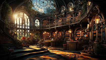 Grand library with towering bookshelves, ancient books, a large globe, spiral staircases, and sunlight streaming through stained glass windows.