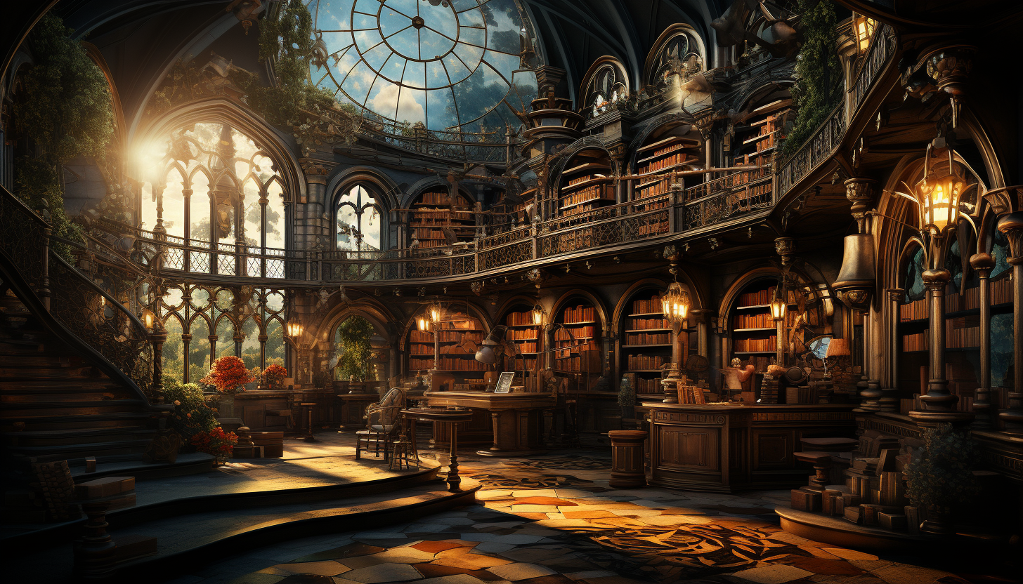 Grand library with towering bookshelves, ancient books, a large globe, spiral staircases, and sunlight streaming through stained glass windows.