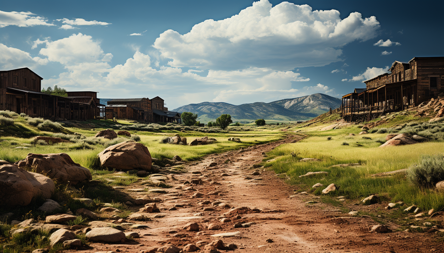 Old Western ghost town at high noon, with dusty streets, saloons, abandoned gold mines, and tumbleweeds rolling by.