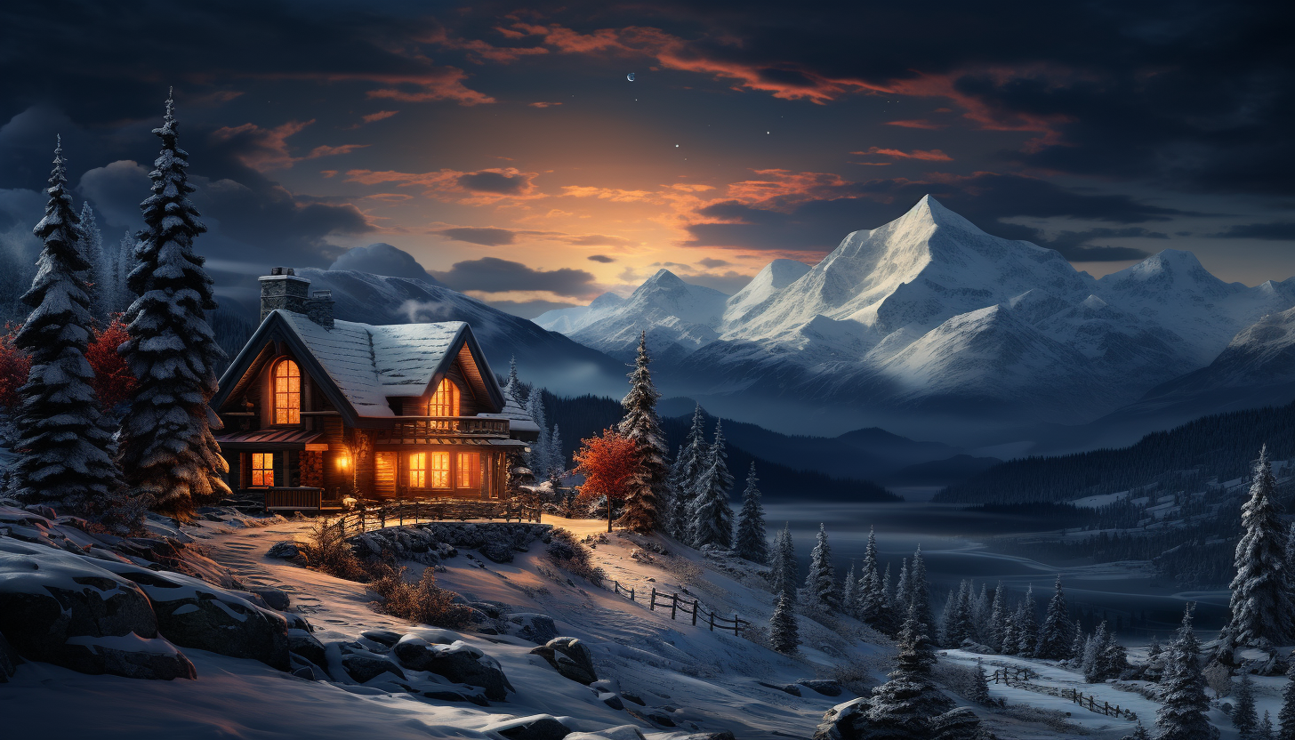 Cozy mountain cabin at winter, surrounded by snow-covered pines, smoke rising from the chimney, and a clear view of the snowy mountains.