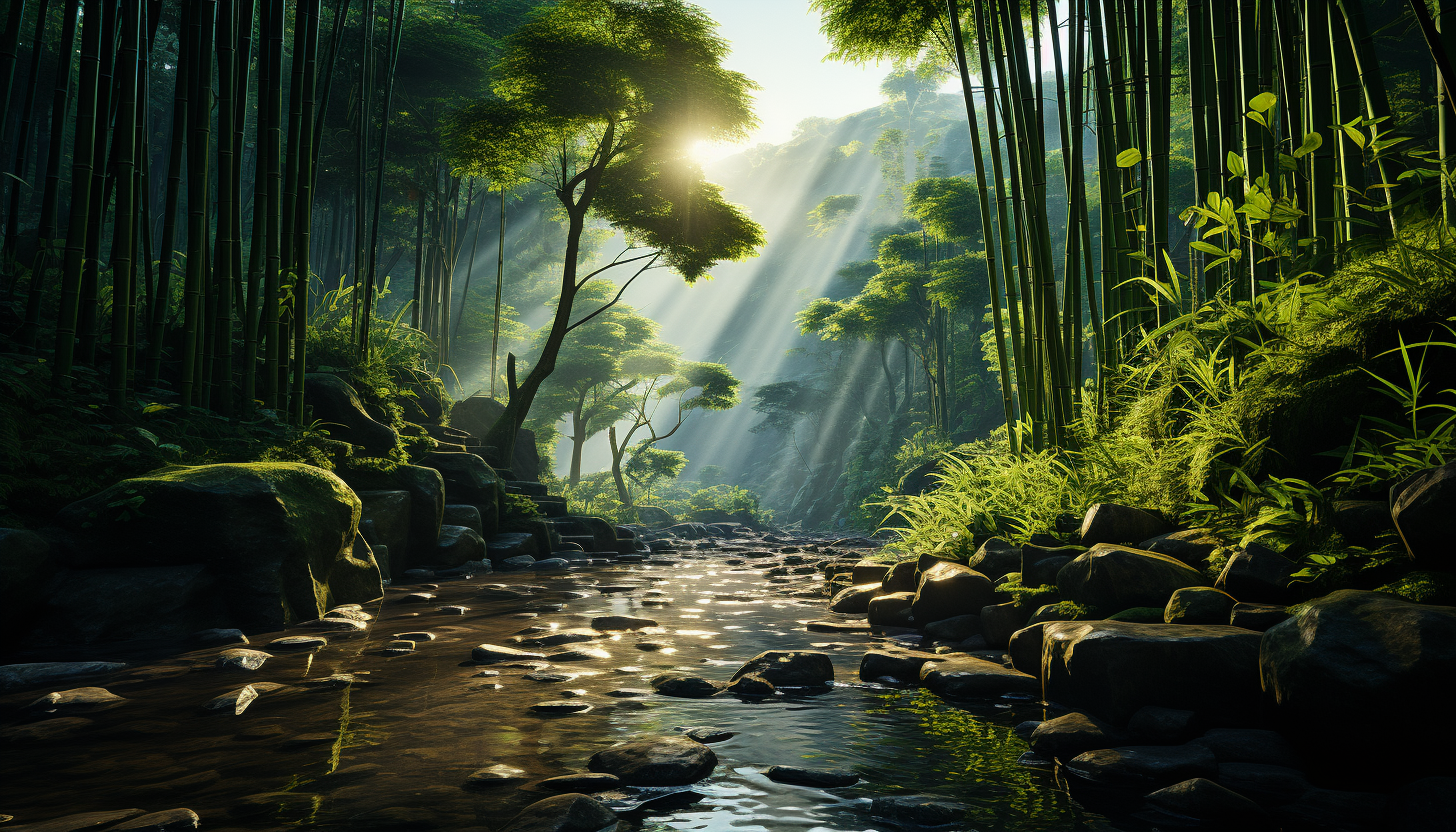 Tranquil bamboo forest in the morning mist, with rays of sunlight filtering through, and a peaceful path winding through.