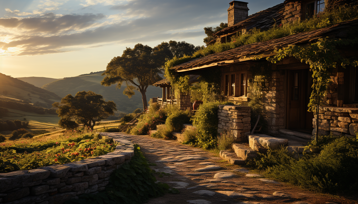 Rustic vineyard at golden hour, with rows of grapevines, a quaint stone farmhouse, and rolling hills in the background.