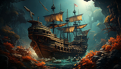 Sunken pirate ship in a coral reef, surrounded by marine life, treasure chests, and mysterious underwater flora.