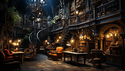 Ancient library with towering bookshelves, spiral staircases, dimly lit by hanging lanterns, and old maps sprawled on wooden tables.