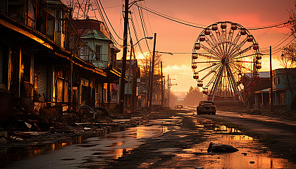Abandoned amusement park at sunset, with rusty roller coasters, overgrown paths, and a hauntingly beautiful Ferris wheel against a dusky sky.