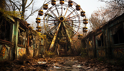 Abandoned amusement park overgrown with nature, rusting roller coasters, a still Ferris wheel, and a hauntingly beautiful carousel.