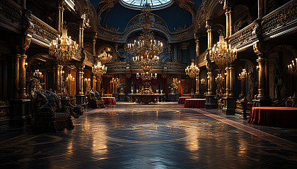 Lavish Renaissance ballroom, with opulent chandeliers, elegantly dressed dancers, and intricate tapestries adorning the walls.