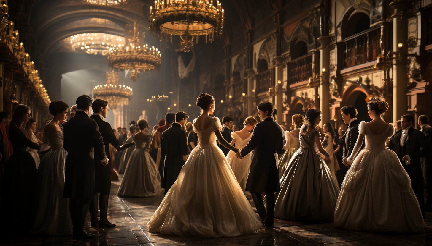 A grand Victorian ballroom, with dancers in elegant attire, a live orchestra, opulent chandeliers, and ornate decorations.