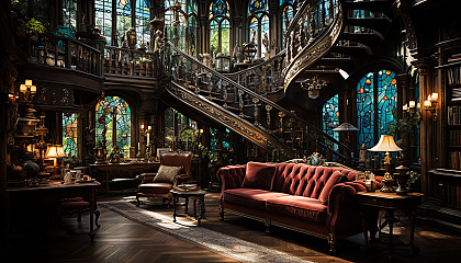 Grand library with towering bookshelves, spiral staircases, antique globes, and a large stained glass window casting colorful light.