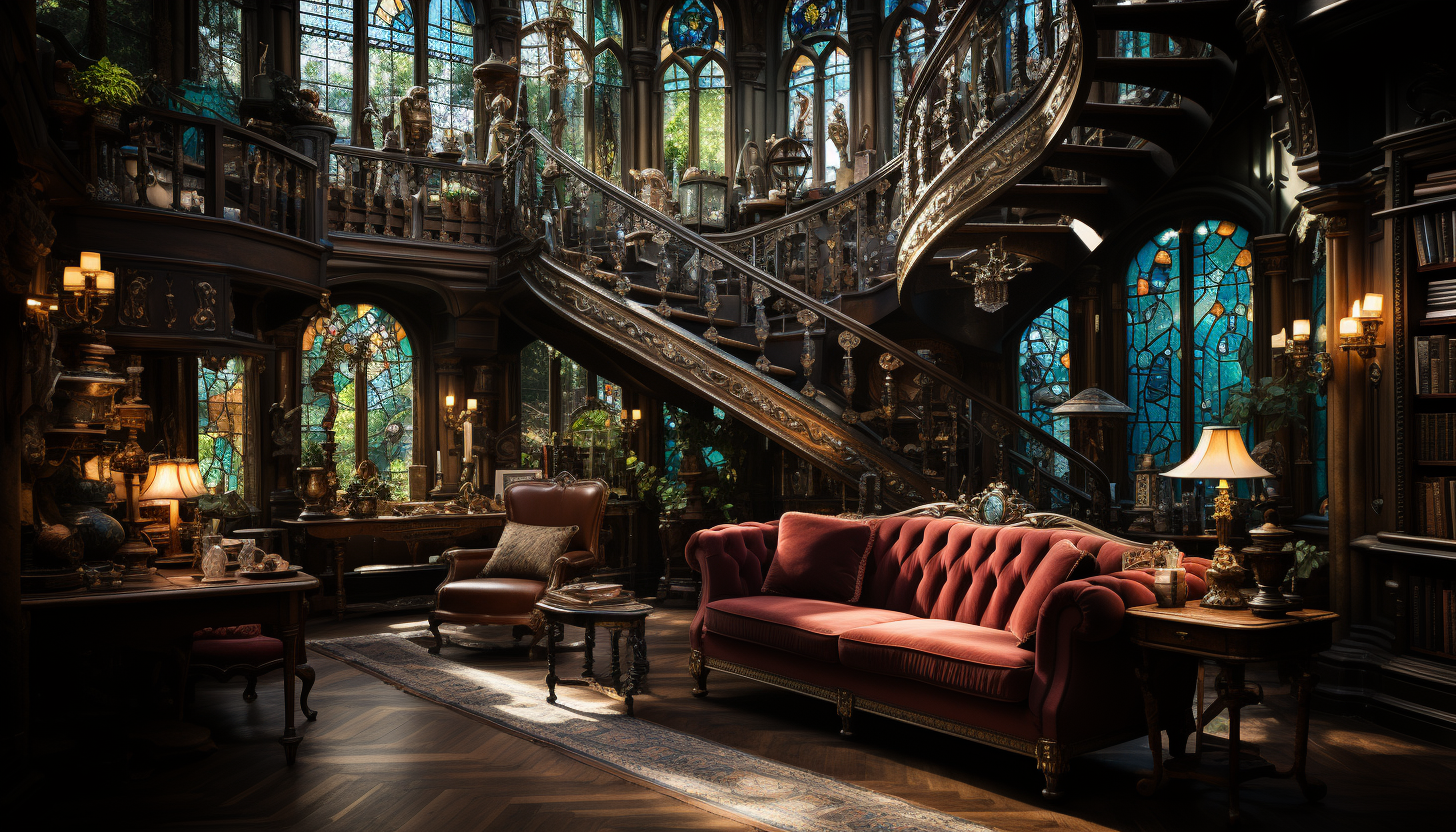 Grand library with towering bookshelves, spiral staircases, antique globes, and a large stained glass window casting colorful light.