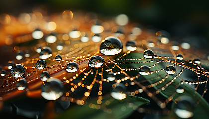 Macro shot of dew drops on a spider's web, sparkling like jewels in the sunlight.