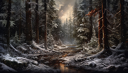 A silent snowfall over a tranquil forest.