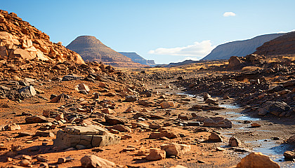 A close-up of the surface of Mars, with its red rocks and dust.